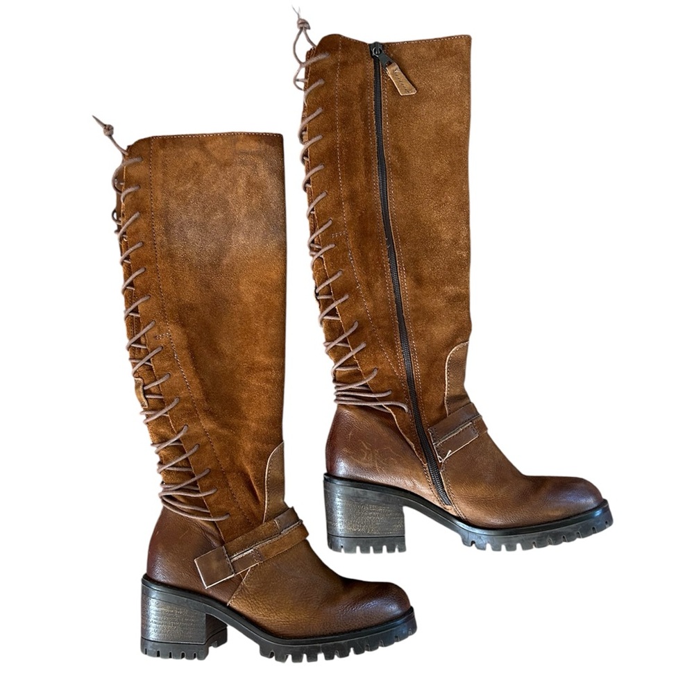 Miz Mooz | Women’s Cognac Brown Suede Mavis Lace Lug Sole Calf High Boots Sz 5.5
